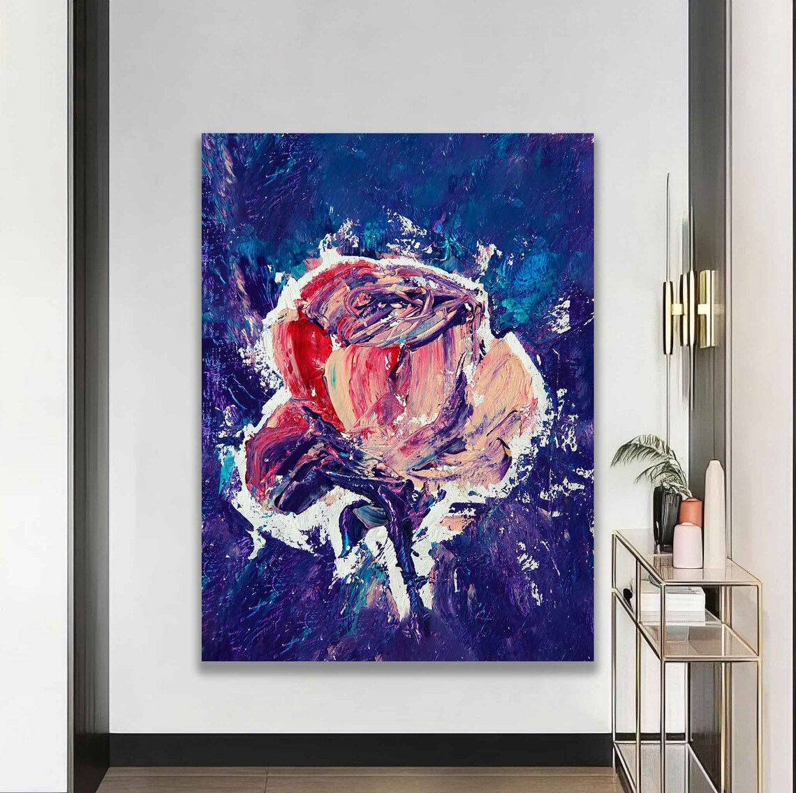 Pink Rose Purple Background Bold Abstract Flower Wall Art Poster