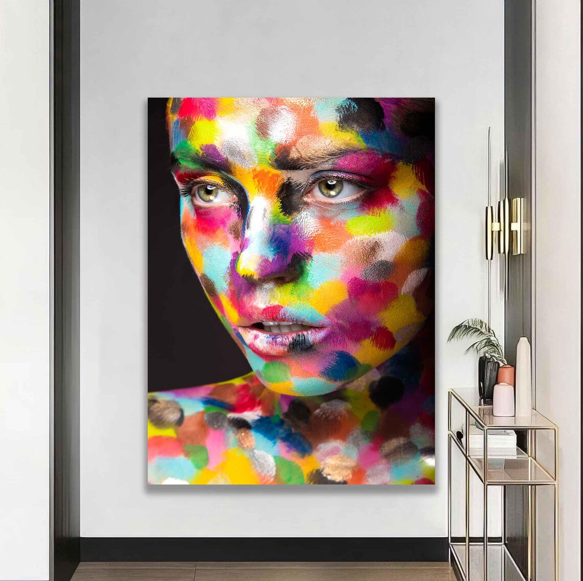 Rainbow Face Paint Woman Portrait Multicolor Splatter Abstract Art Poster
