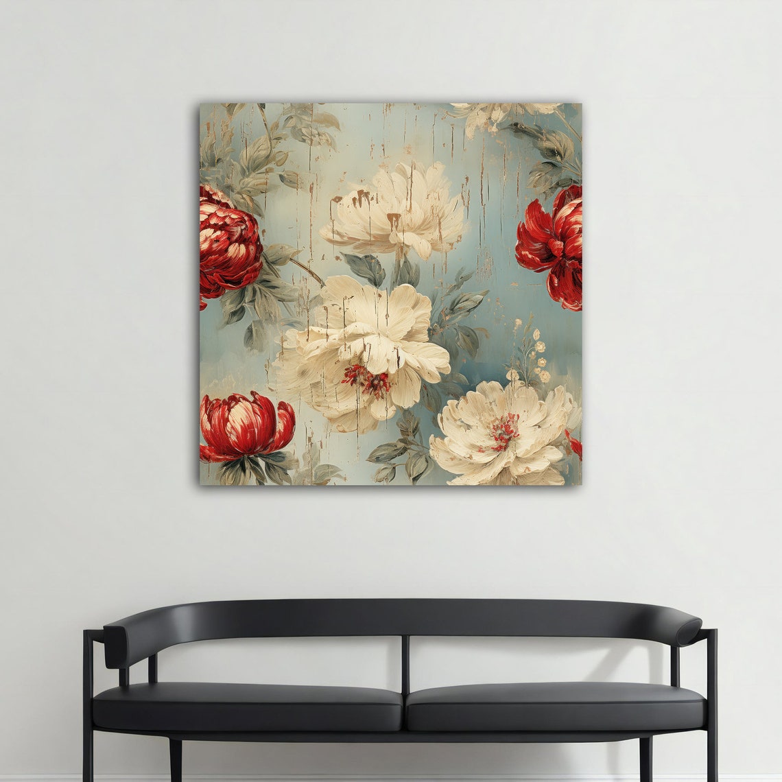 Vintage White and Red Peonies Teal Distressed Floral Art Poster - Image 4