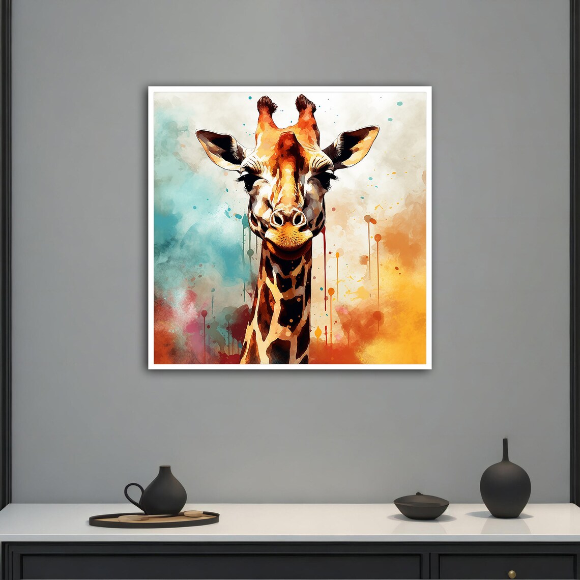 Giraffe Watercolor Portrait Colorful Paint Splash Animal Art Poster - Image 4