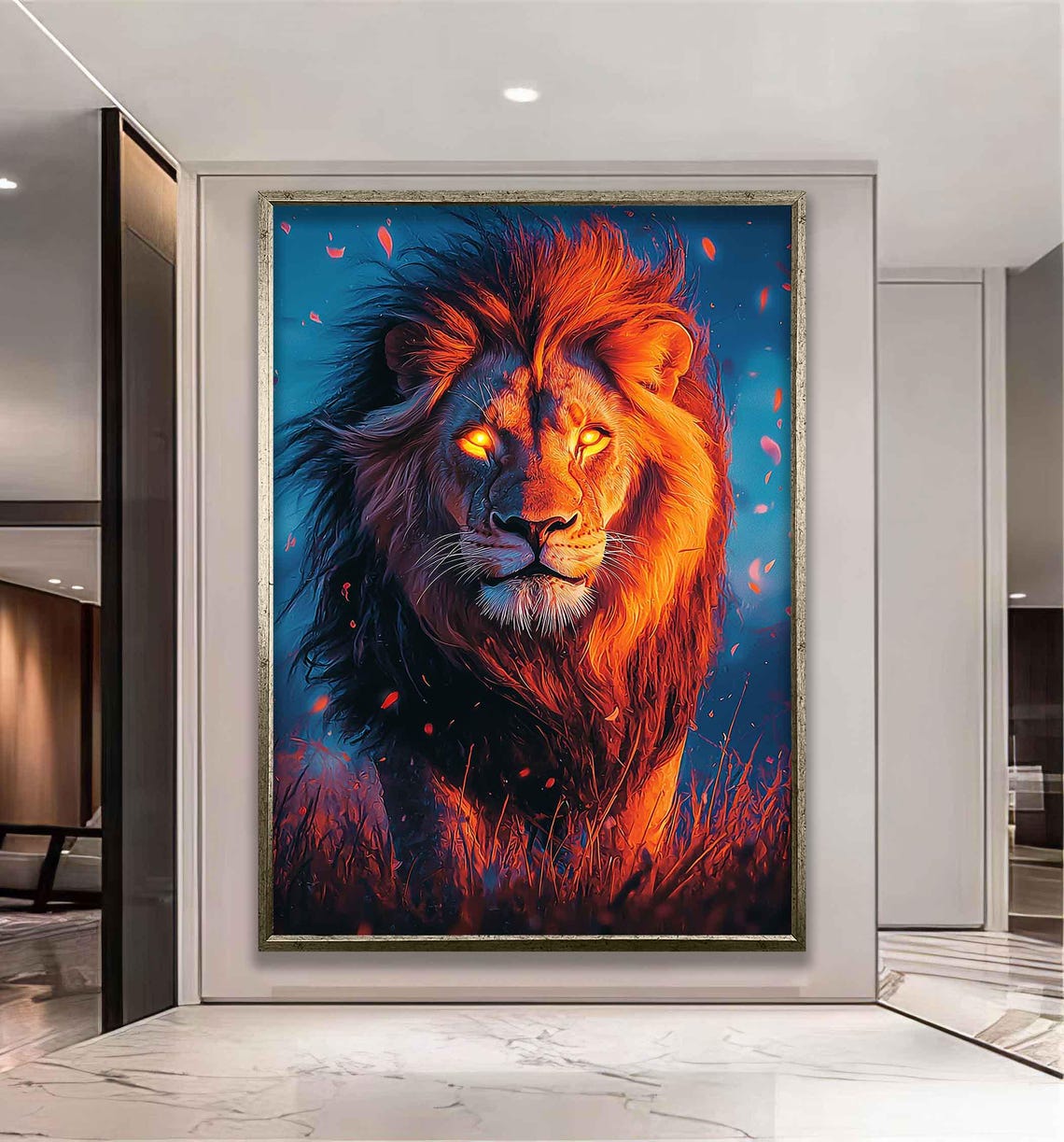 Fiery Lion Portrait Glowing Eyes Orange Mane Bold Wildlife Art Poster - Image 4