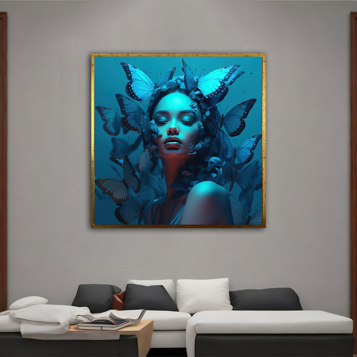 Woman Portrait With Blue Butterflies In Monochrome Teal Art Poster - Image 3