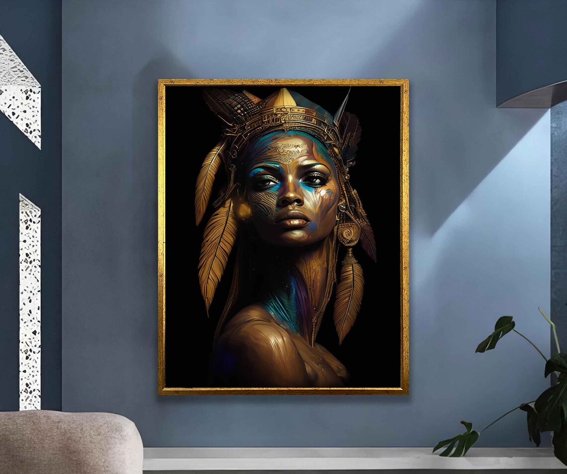 Ethnic Woman Golden Feather Headdress Tribal Queen Portrait Art Poster