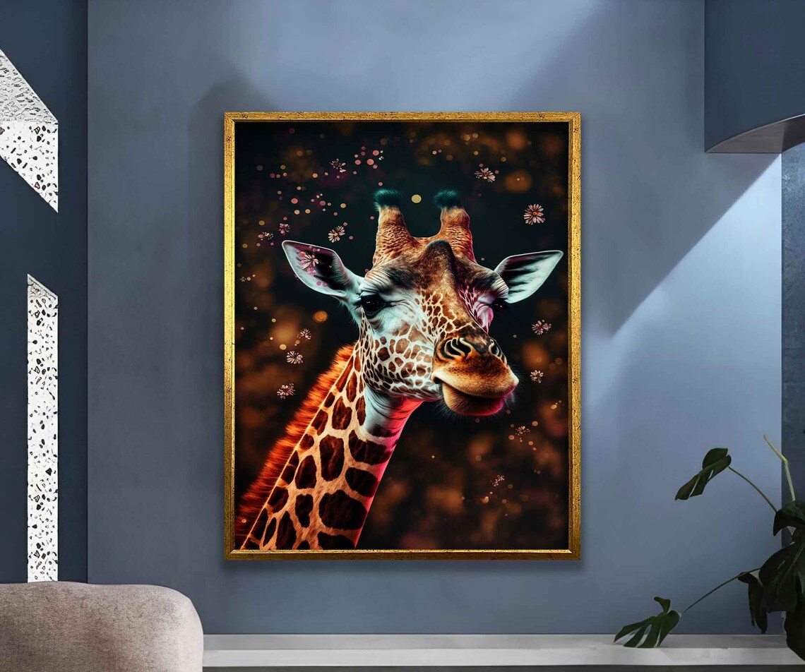 Giraffe Portrait Dark Background Golden Bokeh Wildlife Animal Art Poster