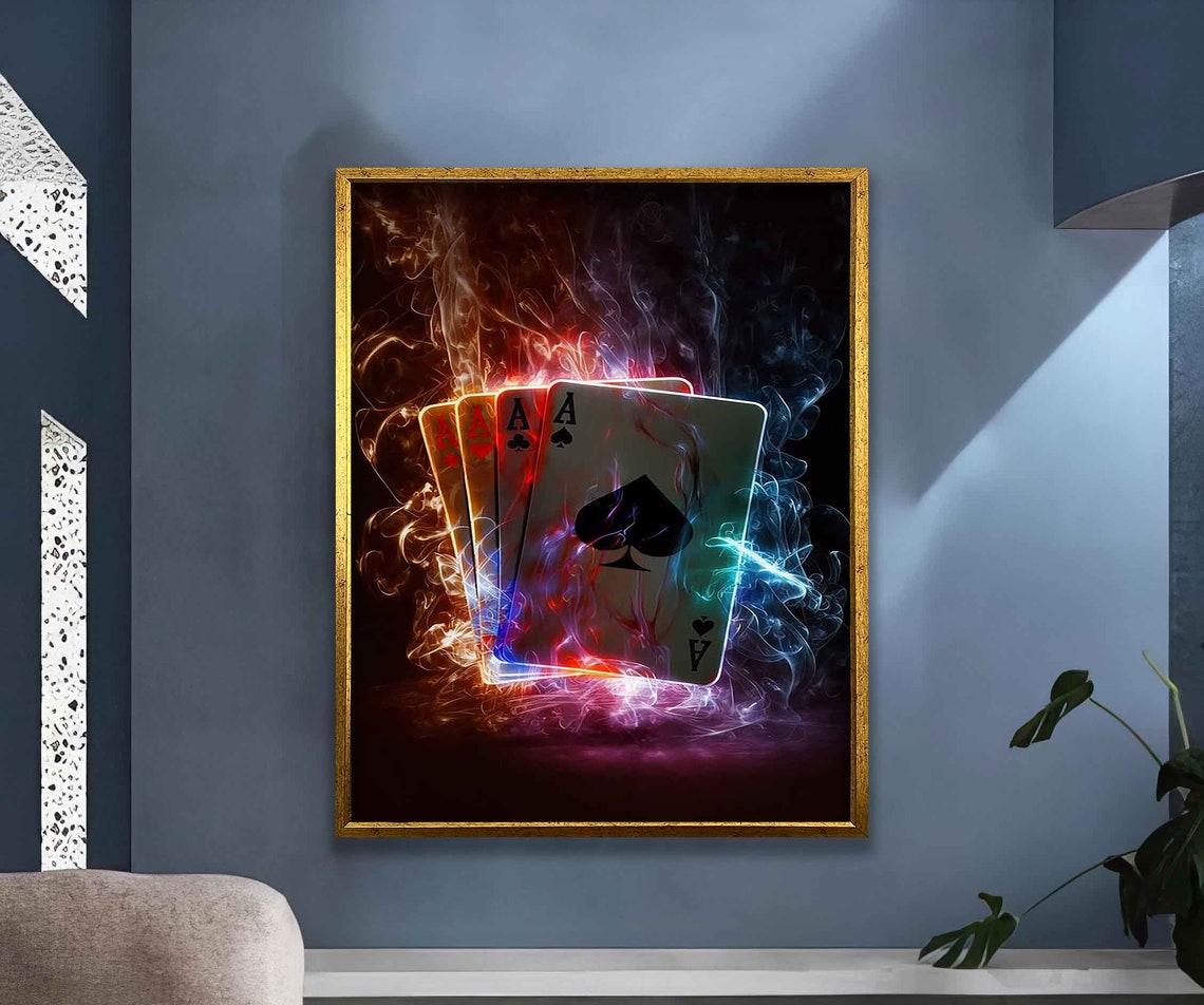 Four Aces Playing Cards With Neon Fire Smoke On Black Art Poster - Image 4