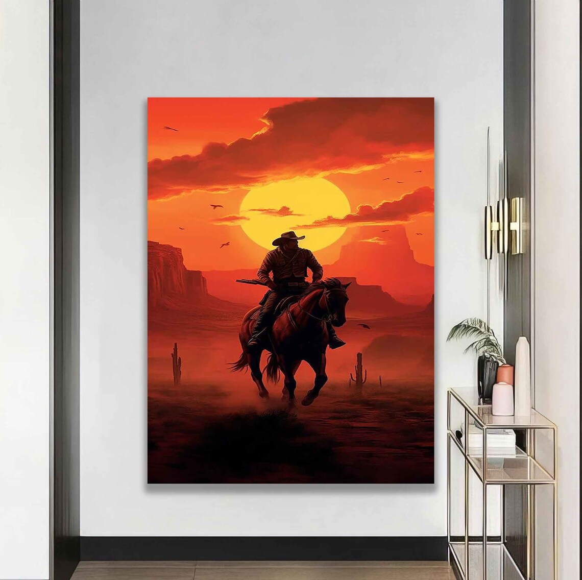 Cowboy Riding Horse Red Desert Sunset Western Epic Landscape Poster