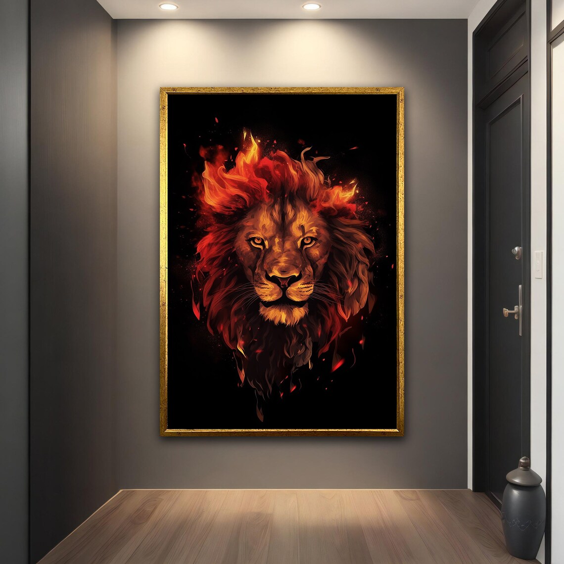 Fiery Lion Burning Mane Black Background Bold Wall Art Poster - Image 3