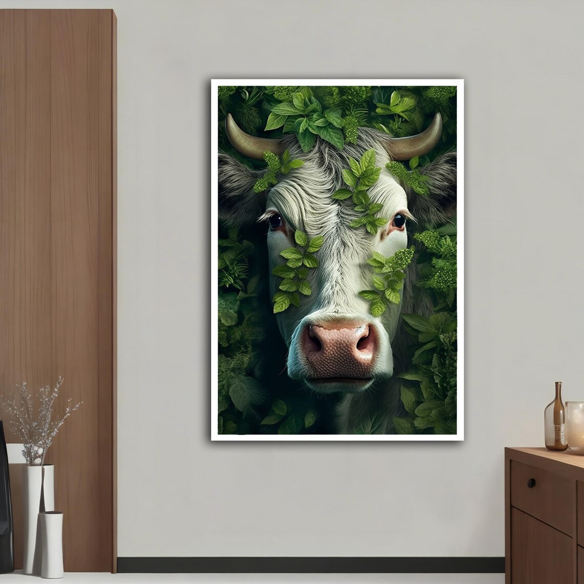 White Cow Face in Green Leaves Botanical Farm Animal Wall Art Print - Image 3