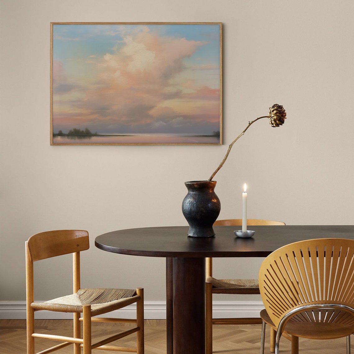 Pastel Cloud Sky Serene Horizon Vintage Landscape Painting Poster - Image 2