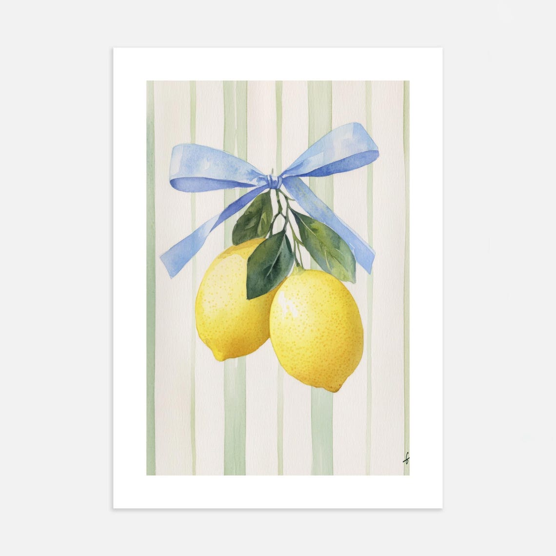 Lemon Watercolor Blue Bow Sage Striped Citrus Kitchen Poster - Image 3