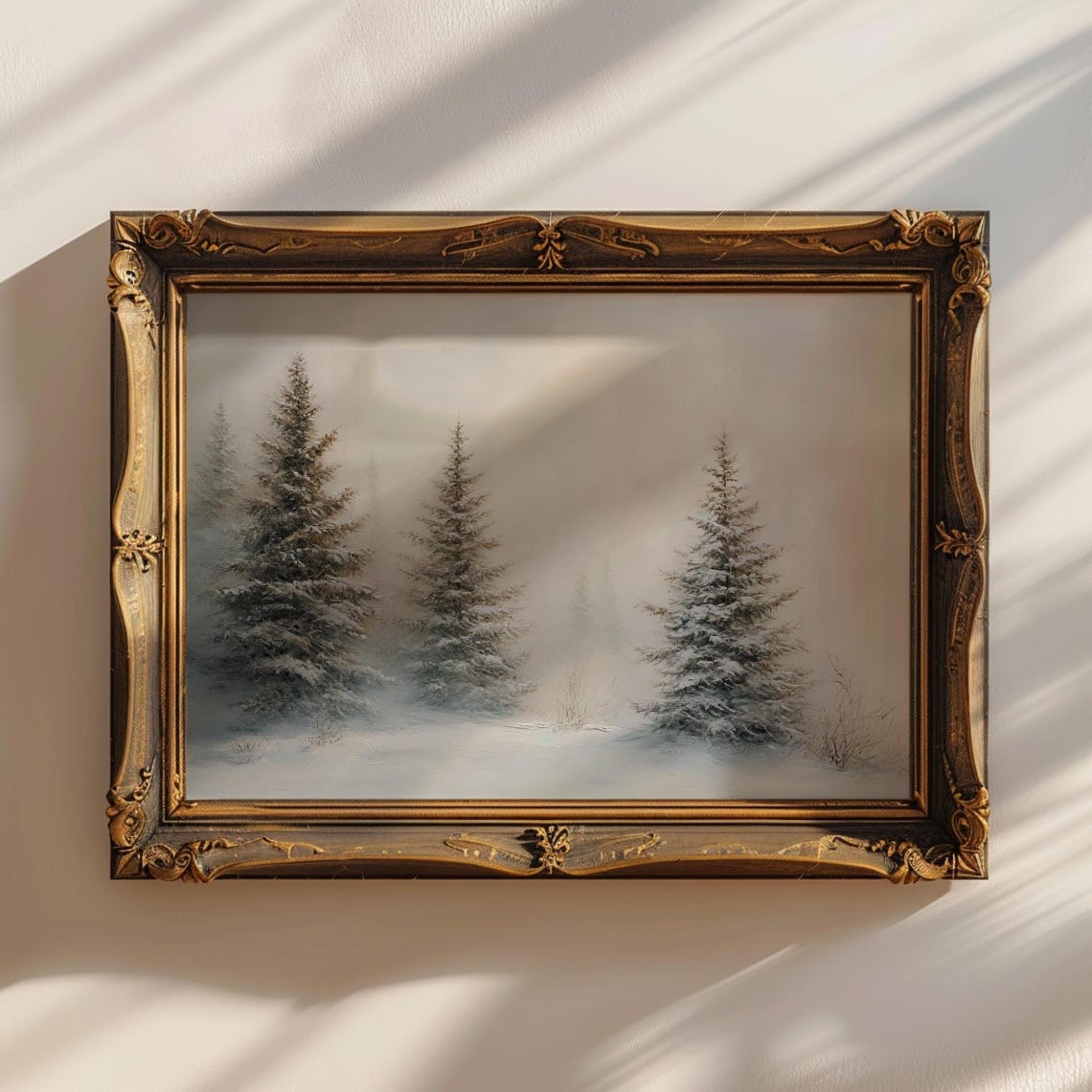 Foggy Winter Pine Trees Neutral Snowy Forest Landscape Poster