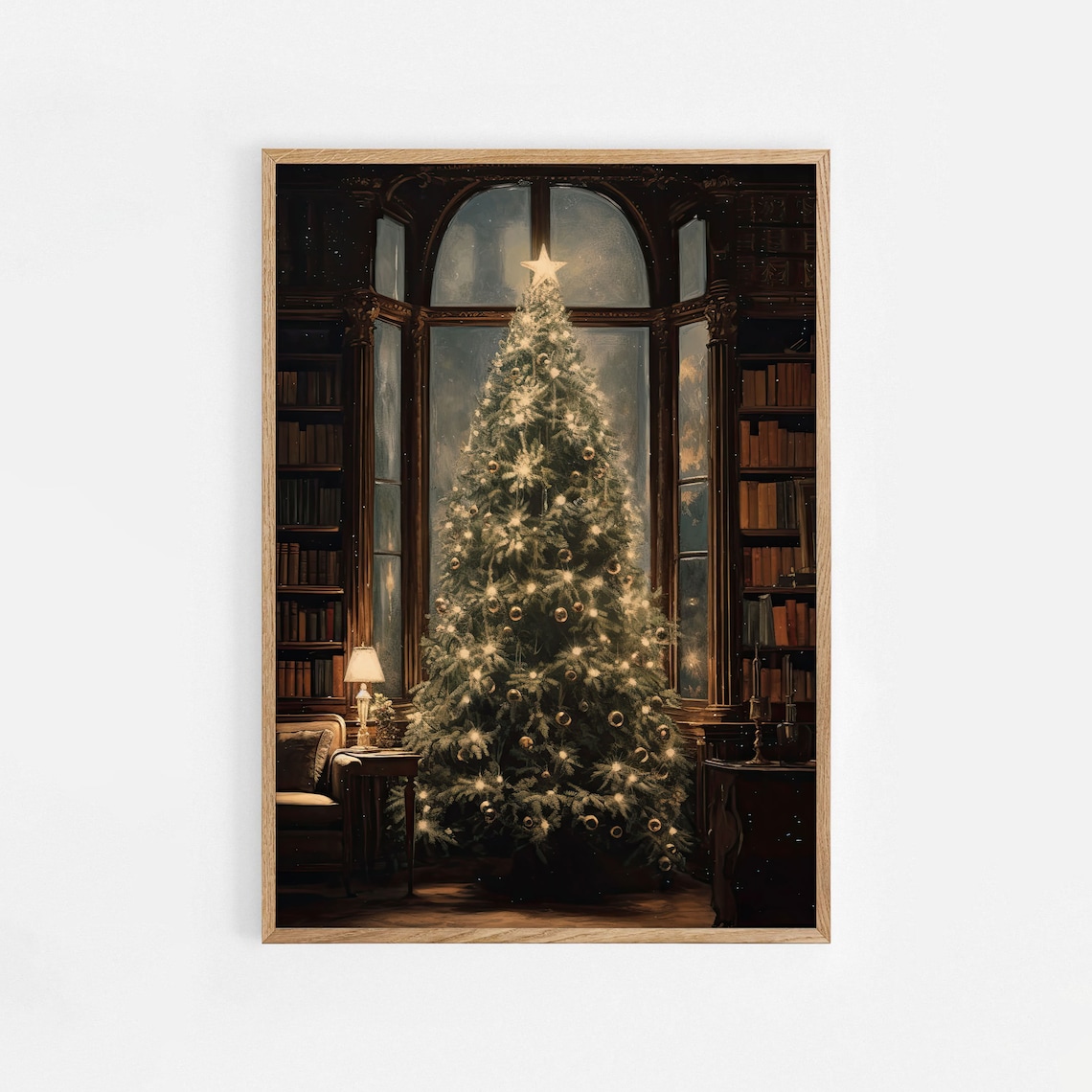 Christmas Tree Library Vintage Style Glowing Ornaments Holiday Poster