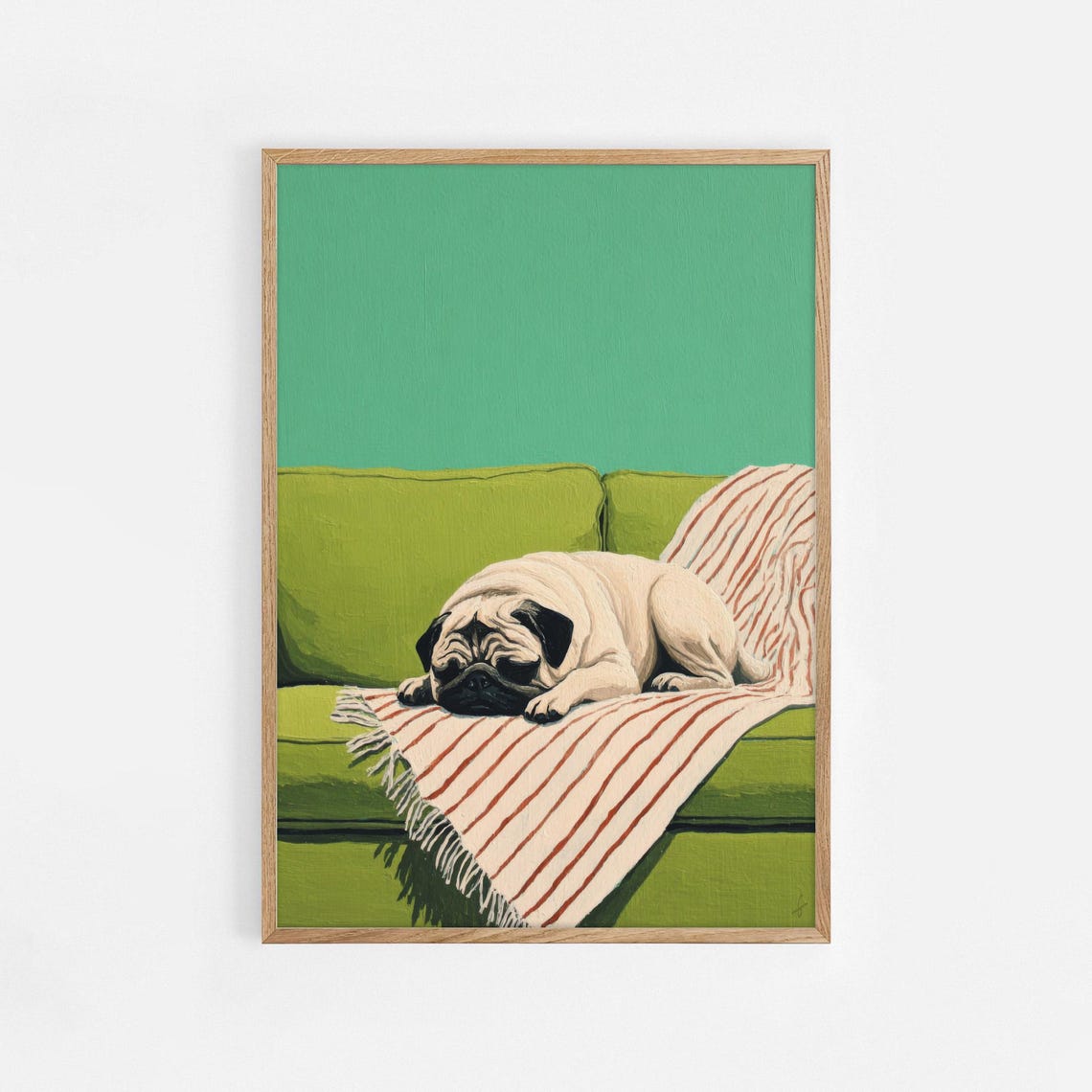 Sleeping Pug on Green Couch Striped Blanket Cute Dog Painting Wall Art