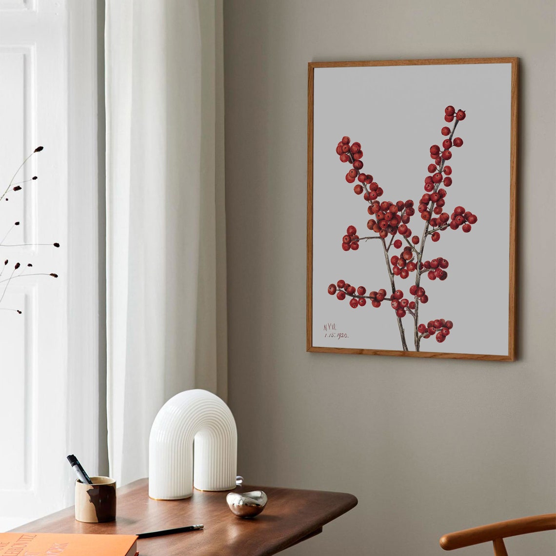 Vintage Red Winter Berry Branches Botanical Illustration Poster - Image 2