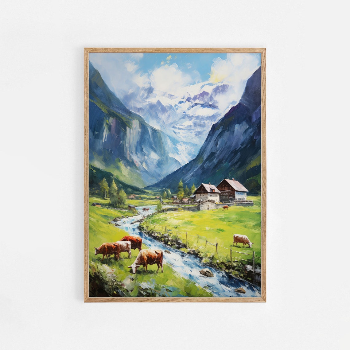 Swiss Alps Valley Cows Chalet Stream Mountain Landscape Poster