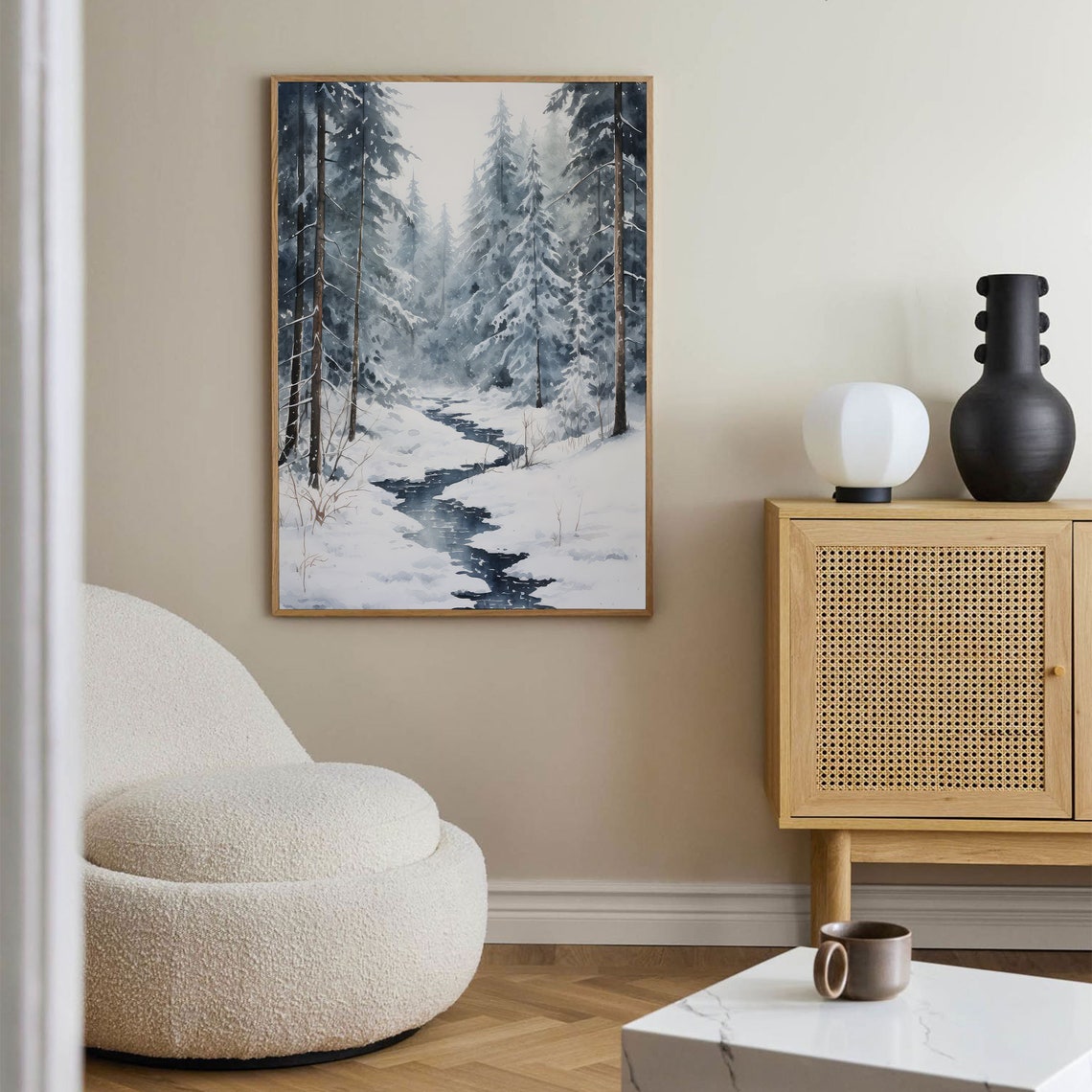 Neutral Snowy Pine Forest Stream Winter Watercolor Muted Poster - Image 3
