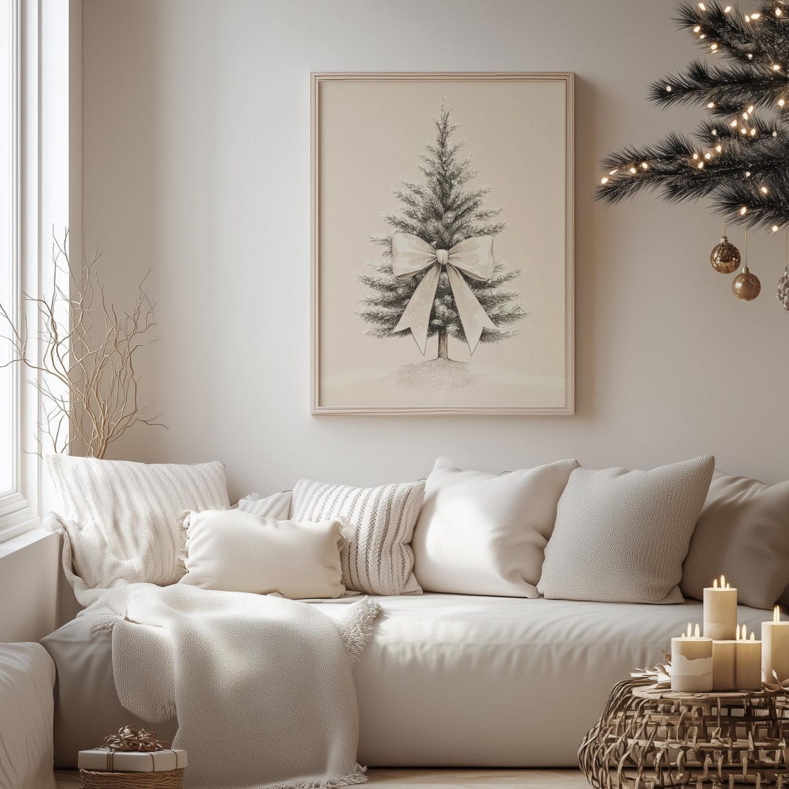 Snowy Christmas Tree With Cream Bow Neutral Winter Art Poster - Image 4