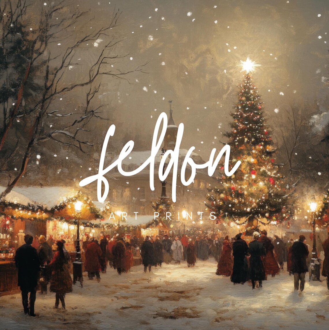 Snowy European Christmas Market Crowd Vintage Holiday Poster - Image 2
