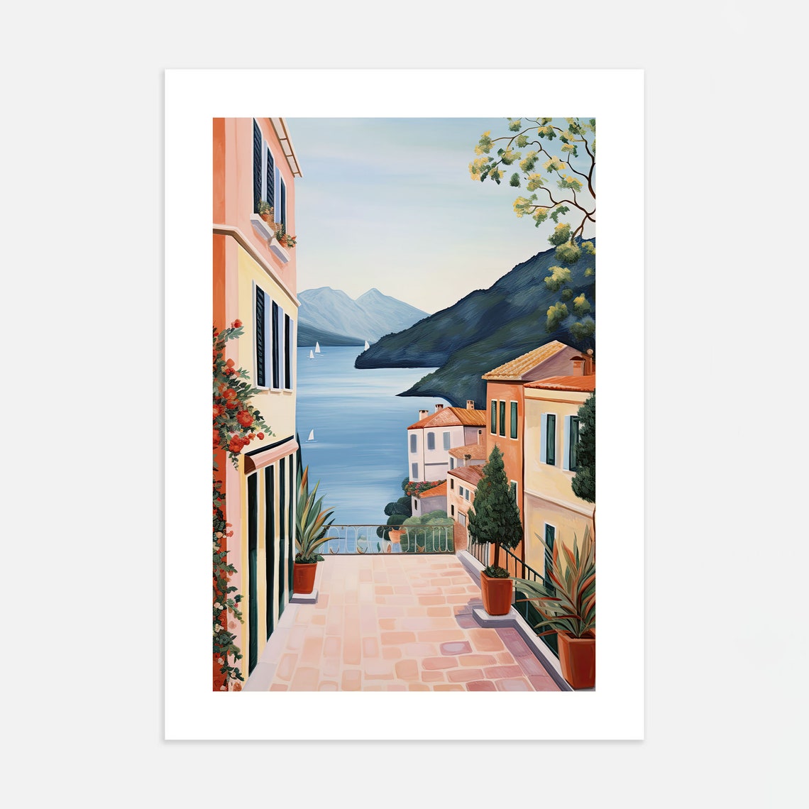 Italian Lakeside Town Terrace Pastel Buildings Sailboats Travel Poster - Image 4