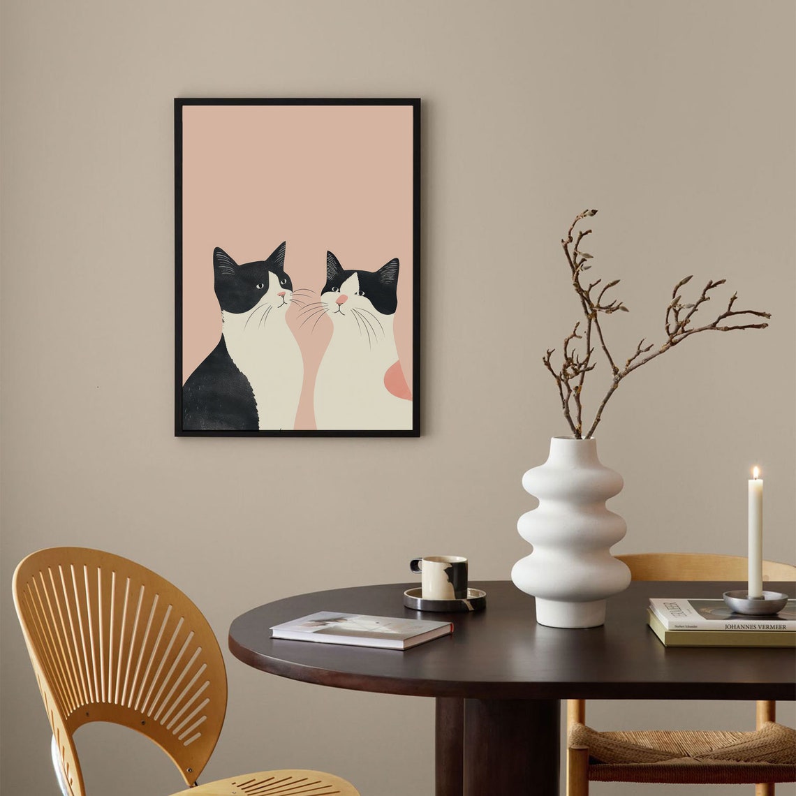 Two Black and White Cats on Pink Background Minimal Cat Poster - Image 3