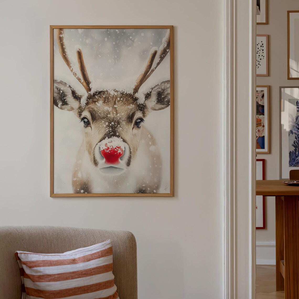 Cute Red Nosed Reindeer in Falling Snow Christmas Watercolor Poster - Image 3