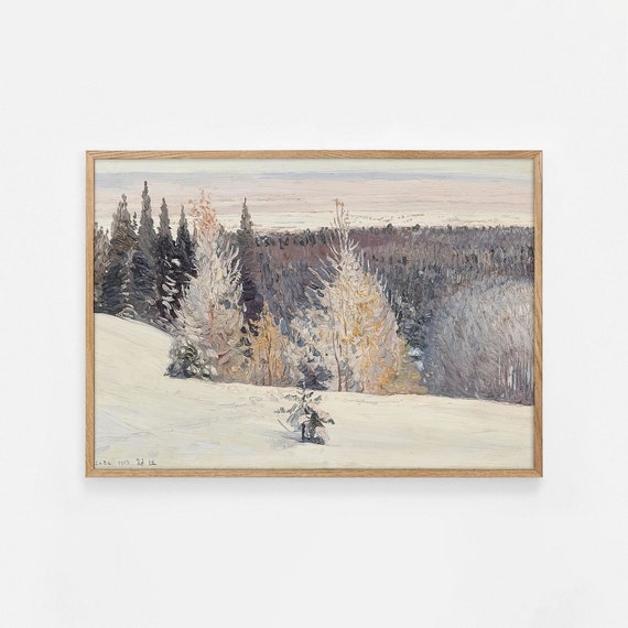 Winter Forest Landscape Painting Moody Country Scenery Vintage Art Print Vintage Farmhouse Painting Pine Tree