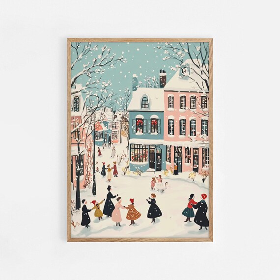 Whimsical Pastel Christmas Village Snow Dancing Scene Poster