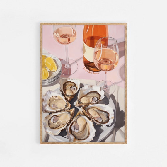 Afternoon Oysters Wine Sea Food Illustration Print Glass Of And Kitchen Decor Art Dinner Party