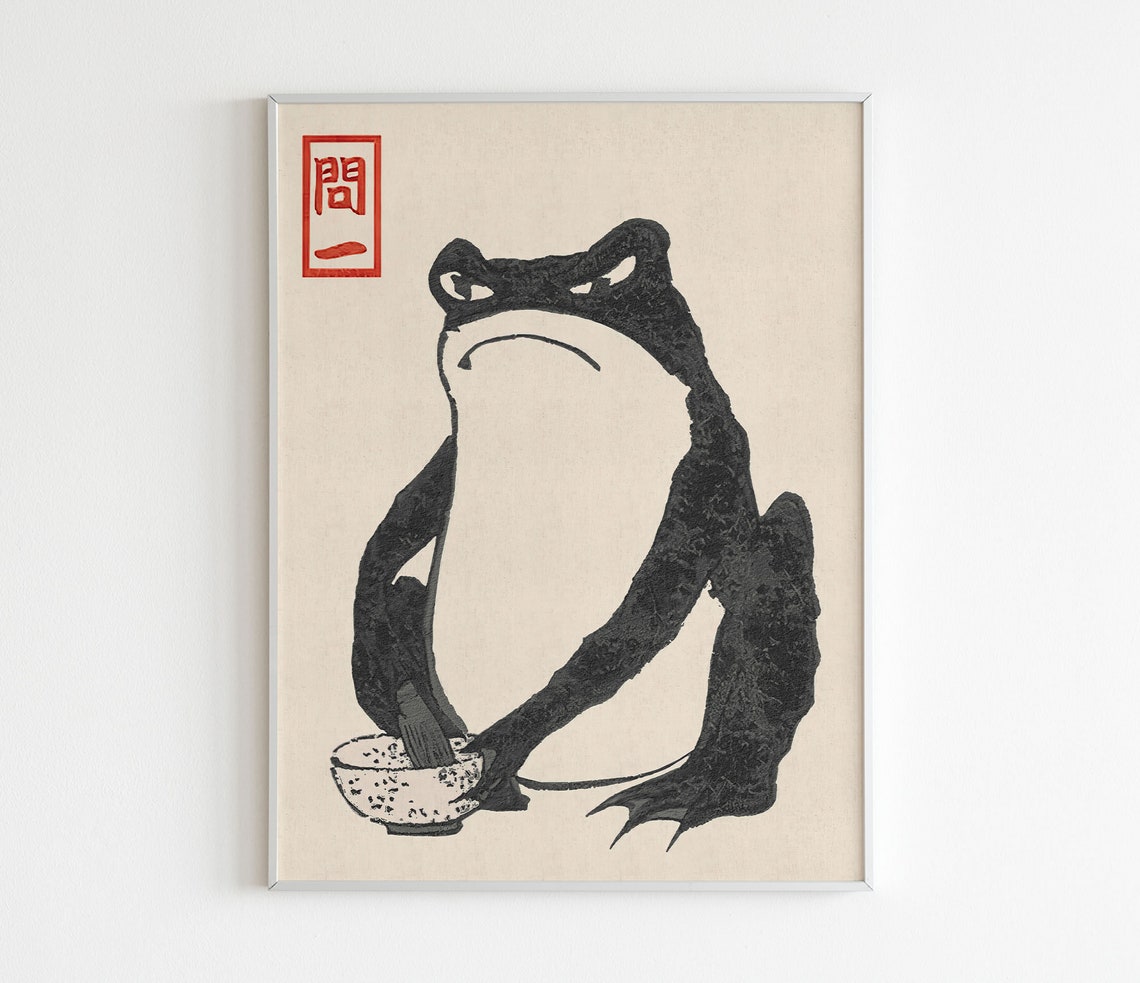 Matsumoto Hoji Grumpy Frog with Bowl Japanese Woodblock Poster
