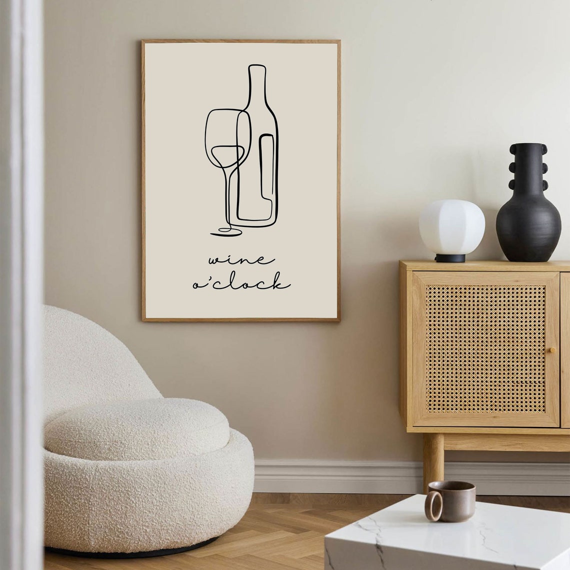 Wine oClock Line Drawing Minimalist Modern Kitchen Wine Wall Art - Image 2