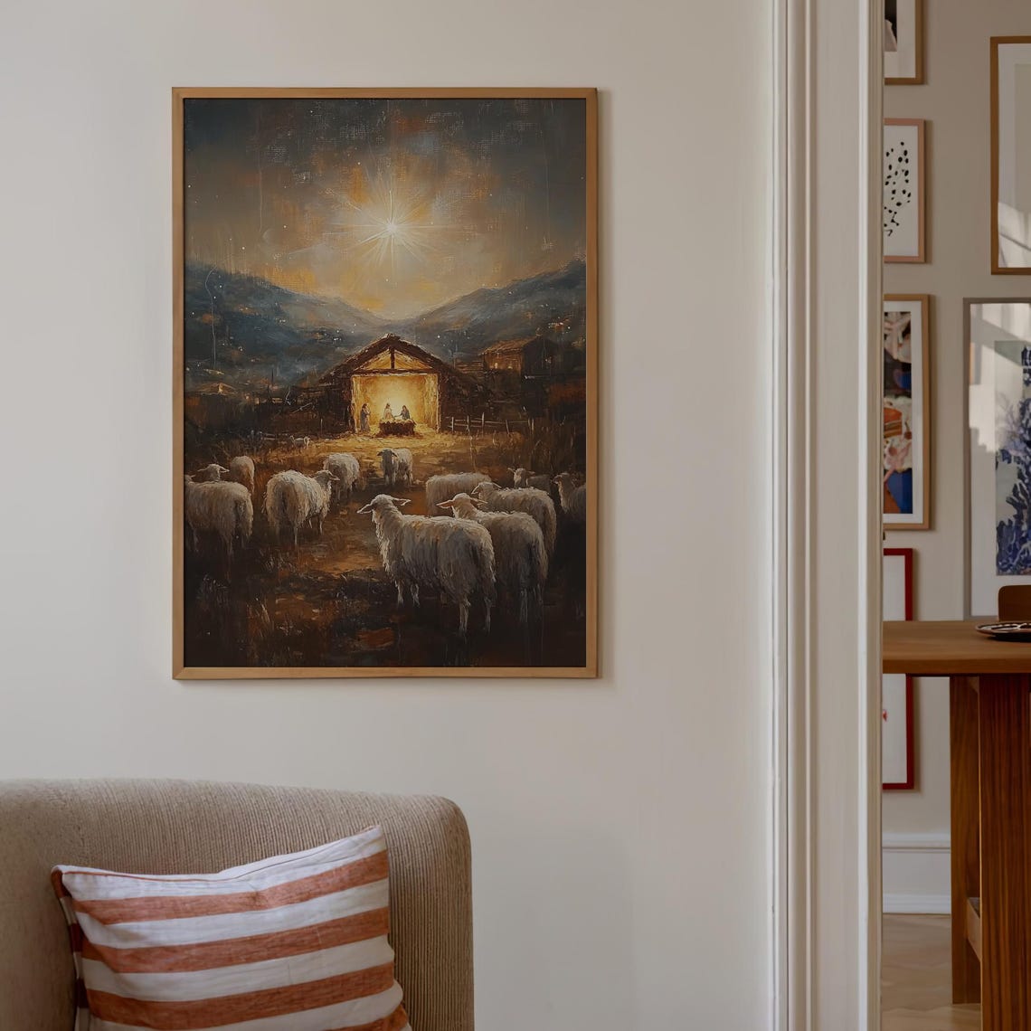 Shepherds and Sheep Nativity Stable Starry Night Christmas Poster - Image 3