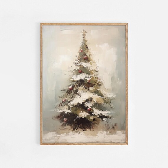 Snowy Christmas Tree Oil Painting Neutral Winter Holiday Poster