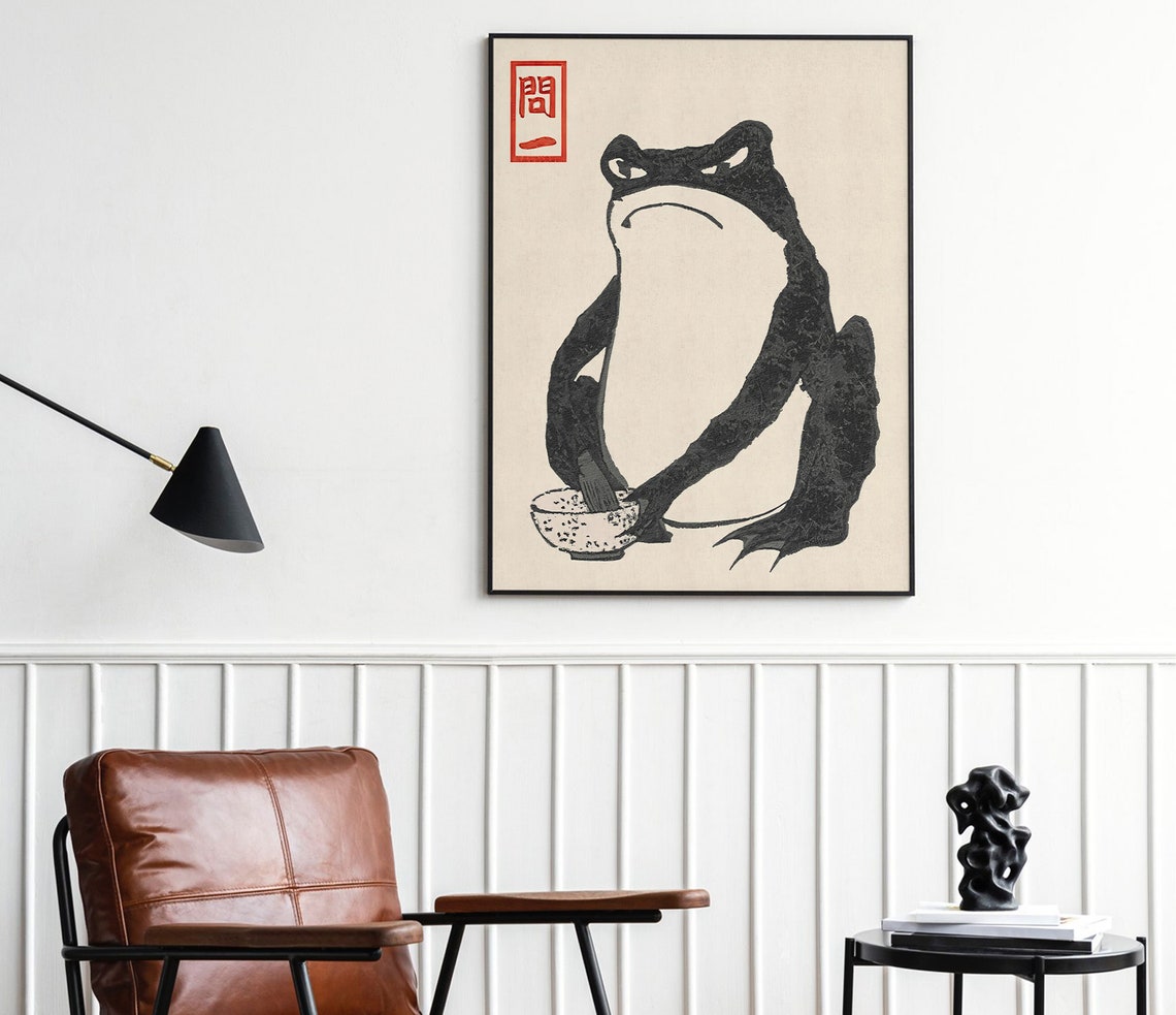 Matsumoto Hoji Grumpy Frog with Bowl Japanese Woodblock Poster - Image 2