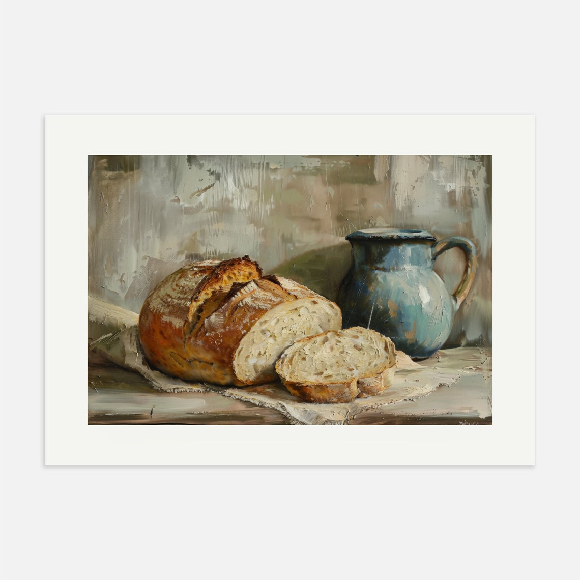 Rustic Bread Loaf And Blue Pitcher Country Kitchen Painting Poster - Image 3