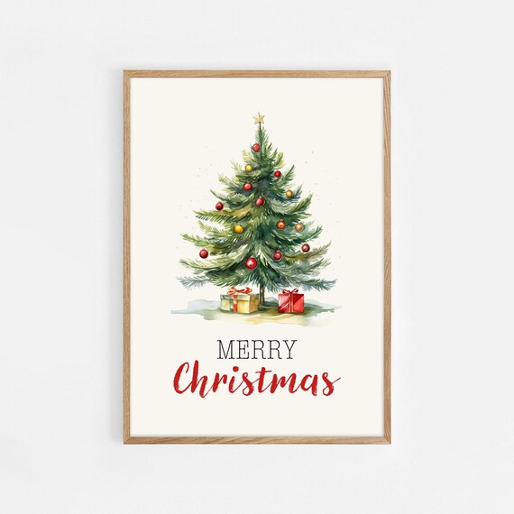 Merry Christmas Watercolor Tree Gifts Holiday Greeting Poster