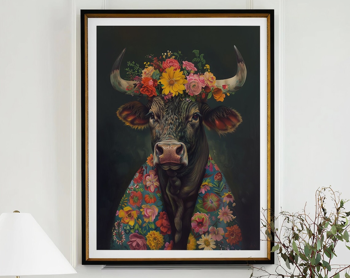 Bull with Horns in Flower Crown and Floral Robe Maximalist Poster