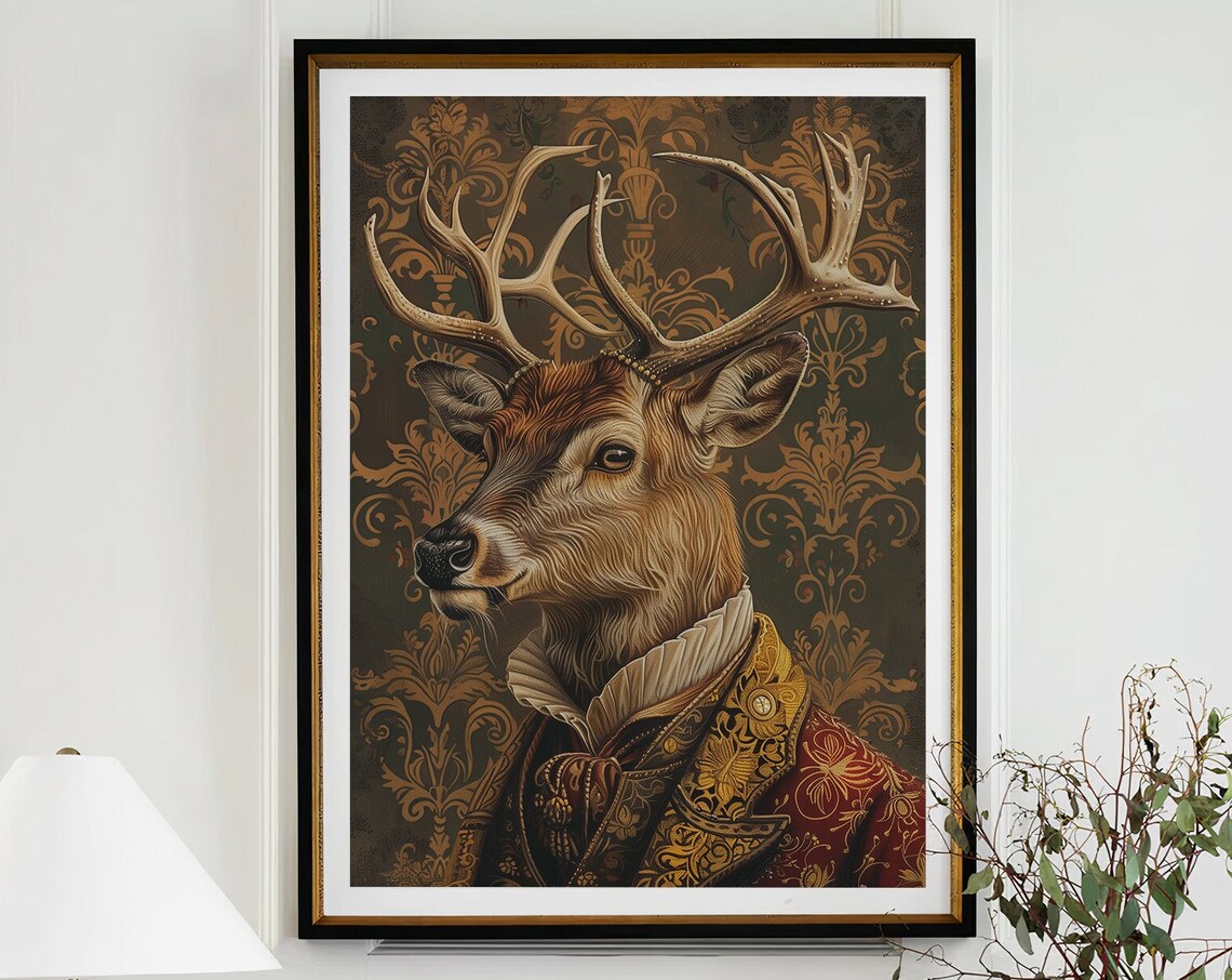 Noble Deer Stag in Baroque Costume Ruff Collar Portrait Poster