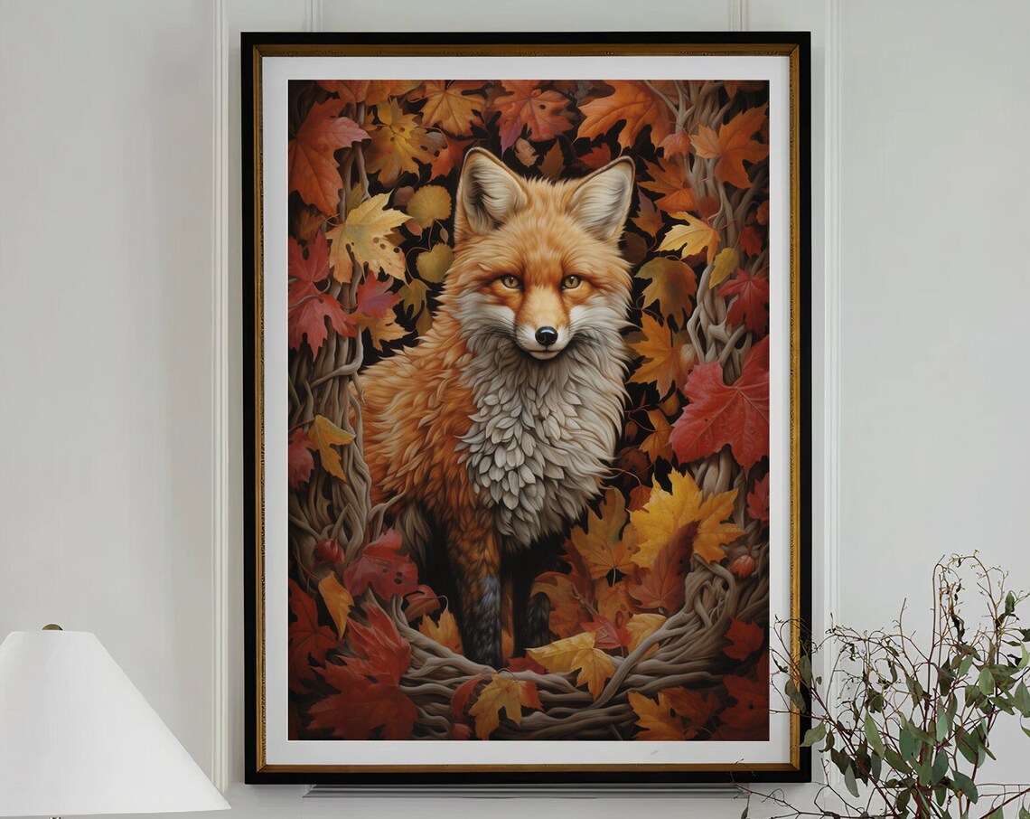 Red Fox Among Autumn Maple Leaves Botanical Wildlife Fall Portrait Poster