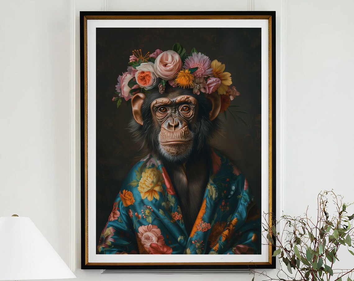 Chimpanzee with Flower Crown Floral Robe Dark Portrait Poster