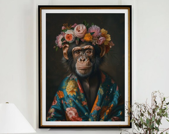 Chimpanzee with Flower Crown Floral Robe Dark Portrait Poster