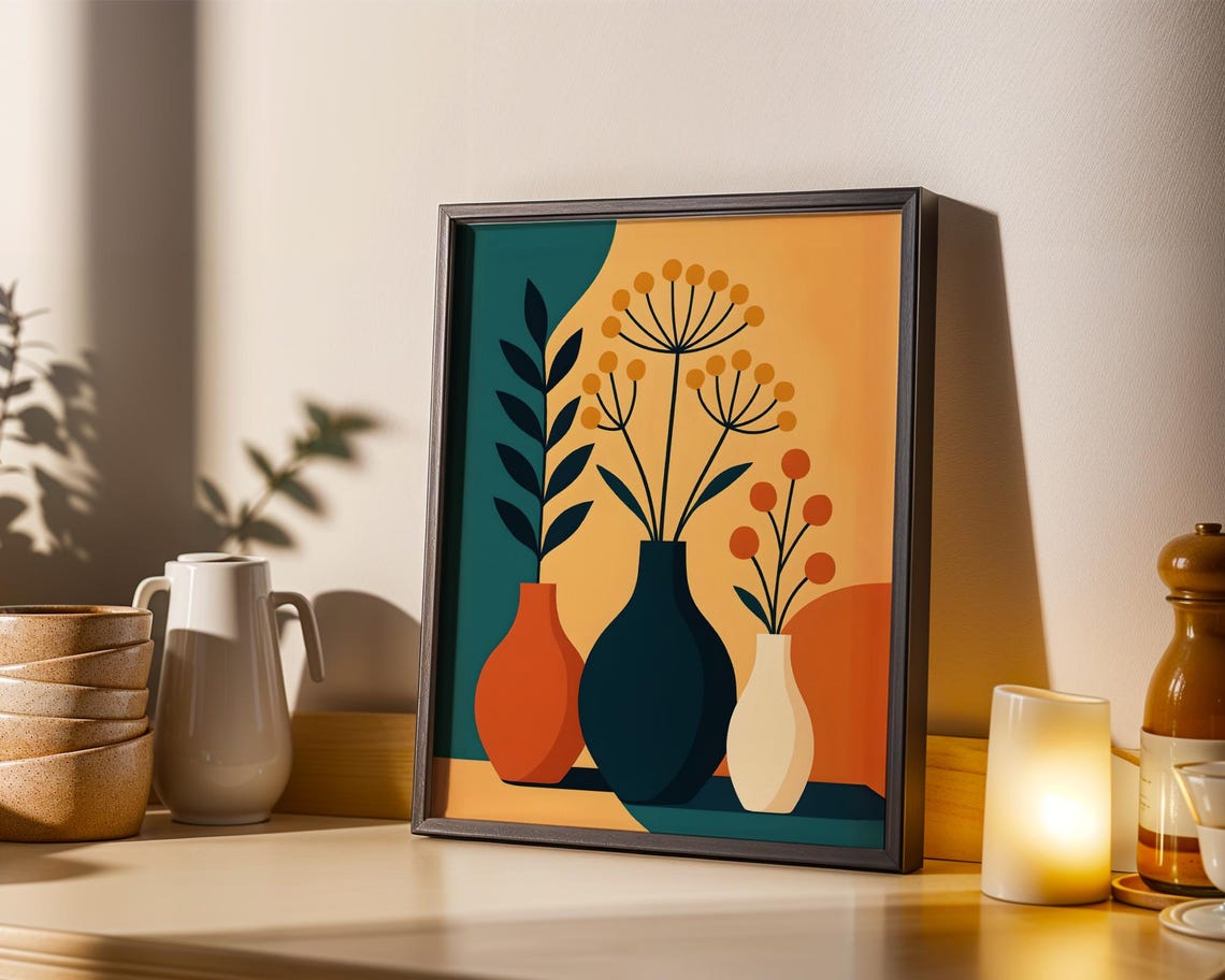 Mid Century Modern Vases With Flowers Botanical Abstract Art Print