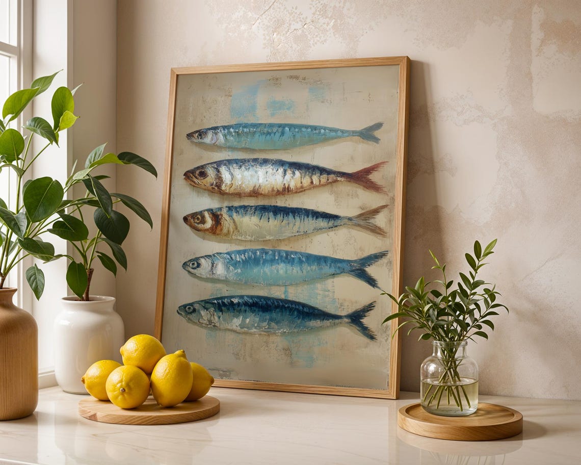 Five Blue Sardines Vintage Seafood Painting Kitchen Decor Poster
