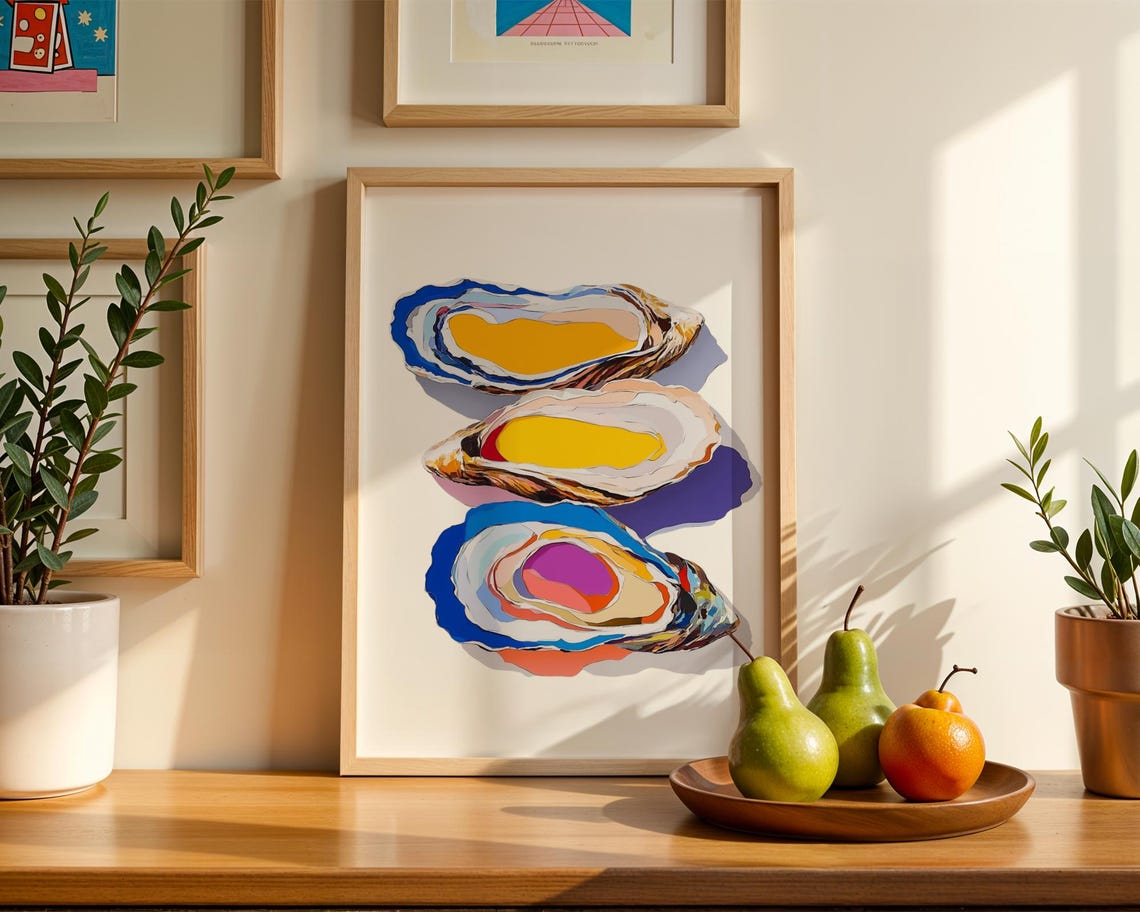 Colorful Oyster Shell Pop Art Cobalt Blue Coastal Kitchen Wall Print