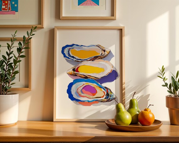 Colorful Oyster Shell Pop Art Cobalt Blue Coastal Kitchen Wall Print