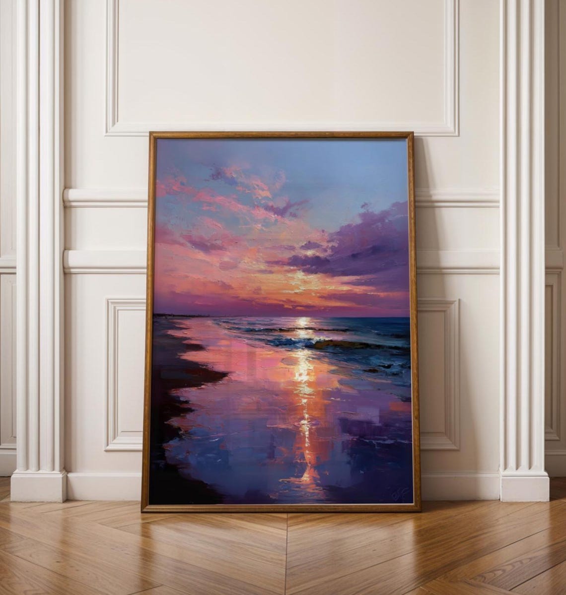Lavender Pink Sunset Over Ocean Reflective Waves Seascape Poster