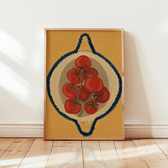 Bold Vine Tomatoes In Blue Pan Playful Kitchen Painting Poster