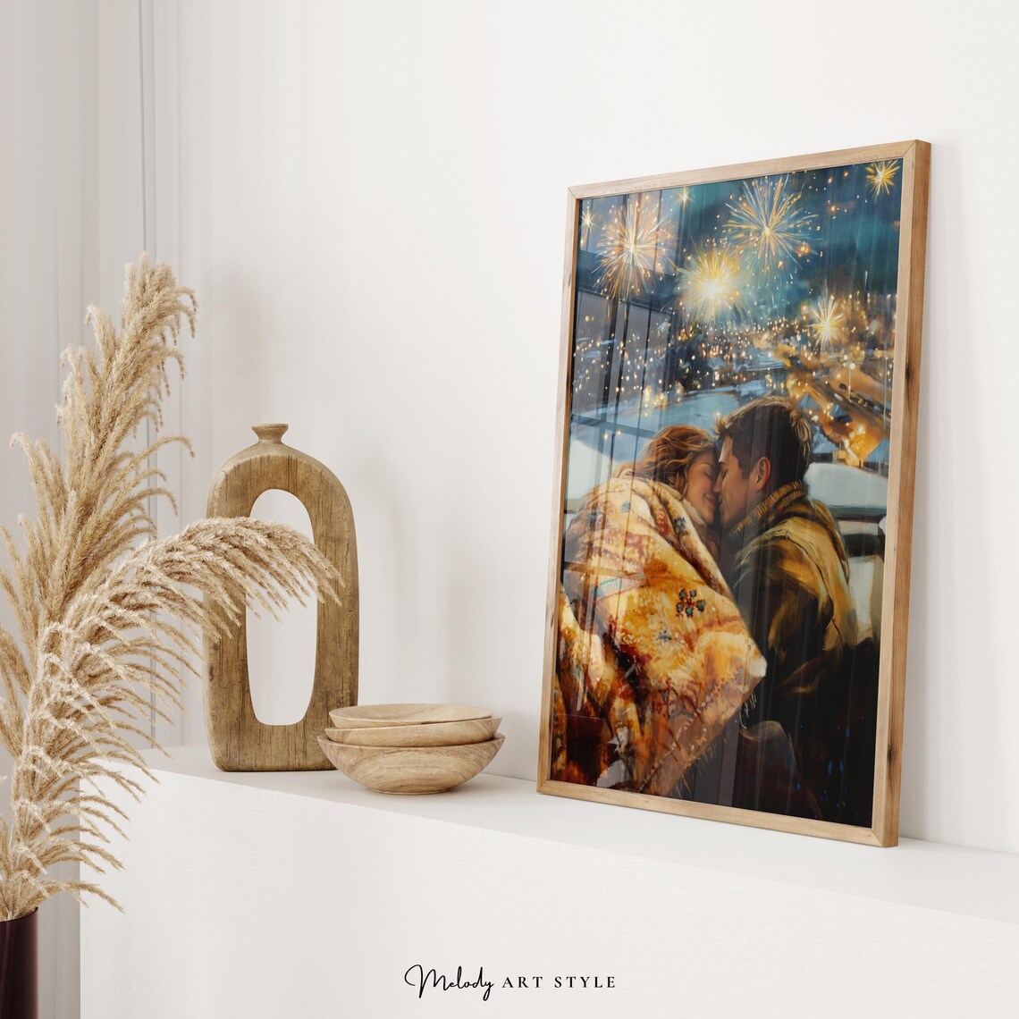 Romantic Couple Fireworks Winter Night Snowy City View Art Poster - Image 2