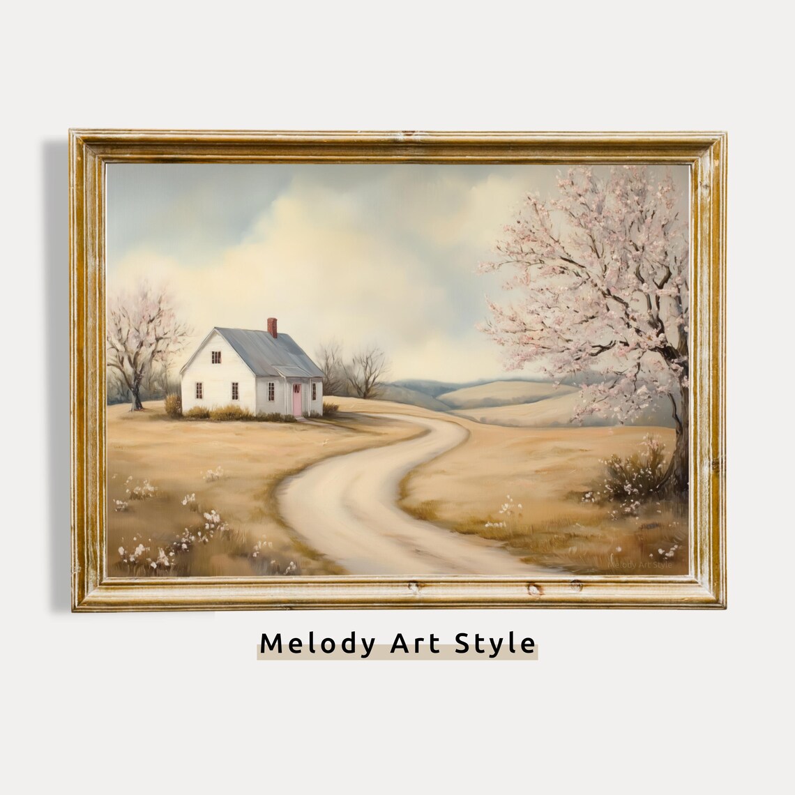 Rustic Farmhouse Landscape Print Spring Blooming Trees Country House Art Neutral Countryside Decor Vintage Rural Painting P417
