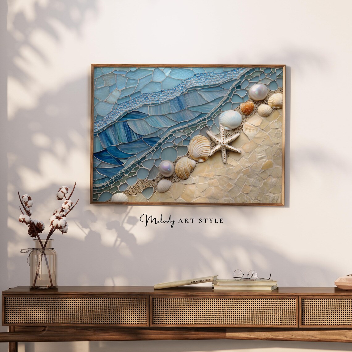 3d Beach Mosaic Wall Art Coastal Seashell And Starfish Nautical Decor Ocean Waves Artwork Summer P211 - Image 2