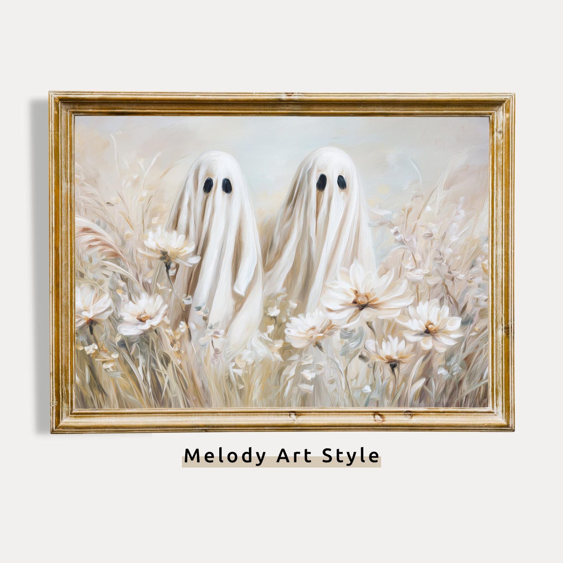 Ghosts In Flower Field Wall Art Halloween Decor Fall Floral Print White Wildflowers Spooky Artwork Instant P625